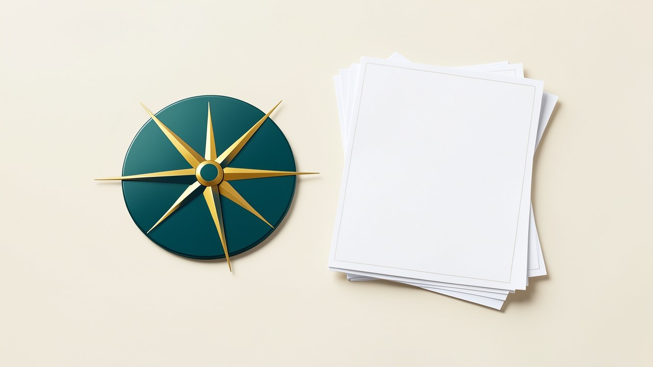 A clean, flat-lay composition of a compass rose and stacked paperwork on a warm off-white background, symbolizing the comparison of loan choices.