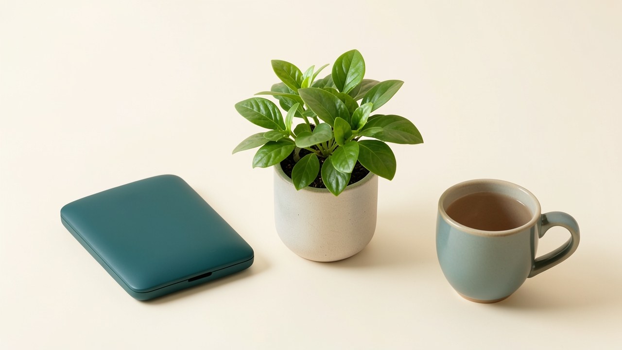 A minimal desk scene with a calculator, a small botanical, and a coffee cup on a warm off-white surface.