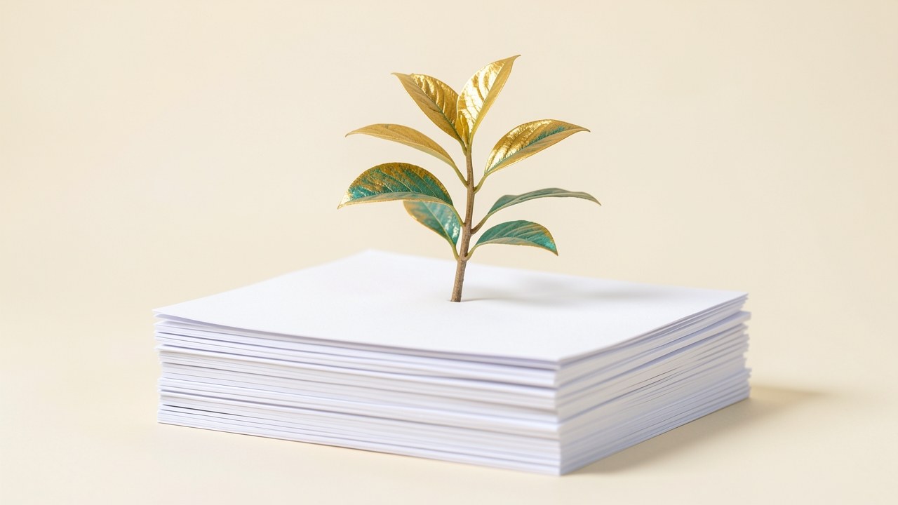 A stack of documents with a small green plant growing from behind, symbolizing potential savings and growth.
