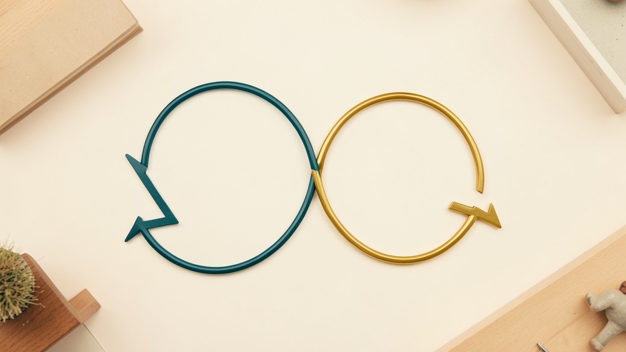 Two arrows forming a loop, one gold and one teal, symbolizing refinancing and restructuring debt.