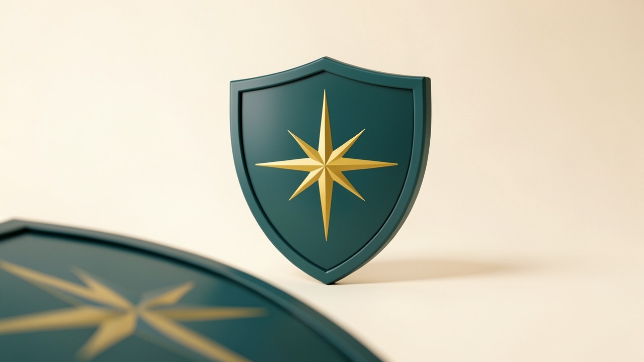A shield with a subtle compass rose, symbolizing federal protections and security.