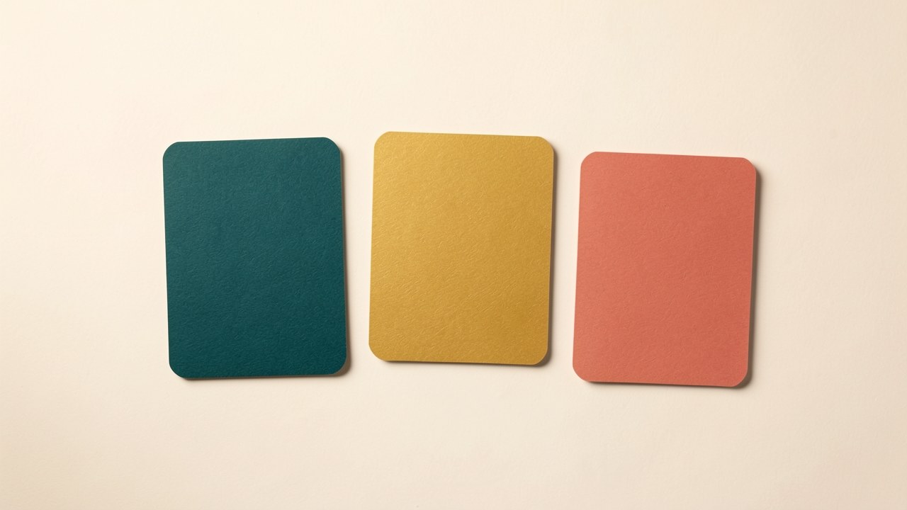 Three distinct paper cards arranged in a row, each a different color, symbolizing different loan types.