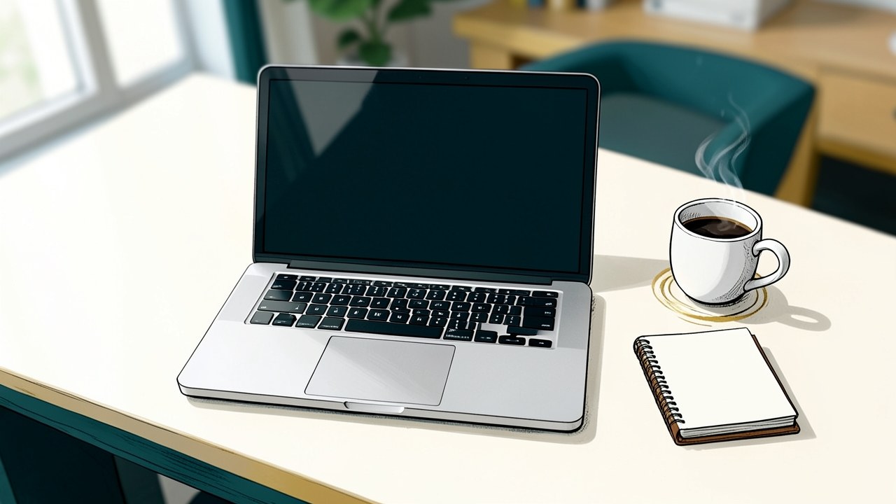 A tidy desk with a computer and a cup of coffee, symbolizing the editorial office.