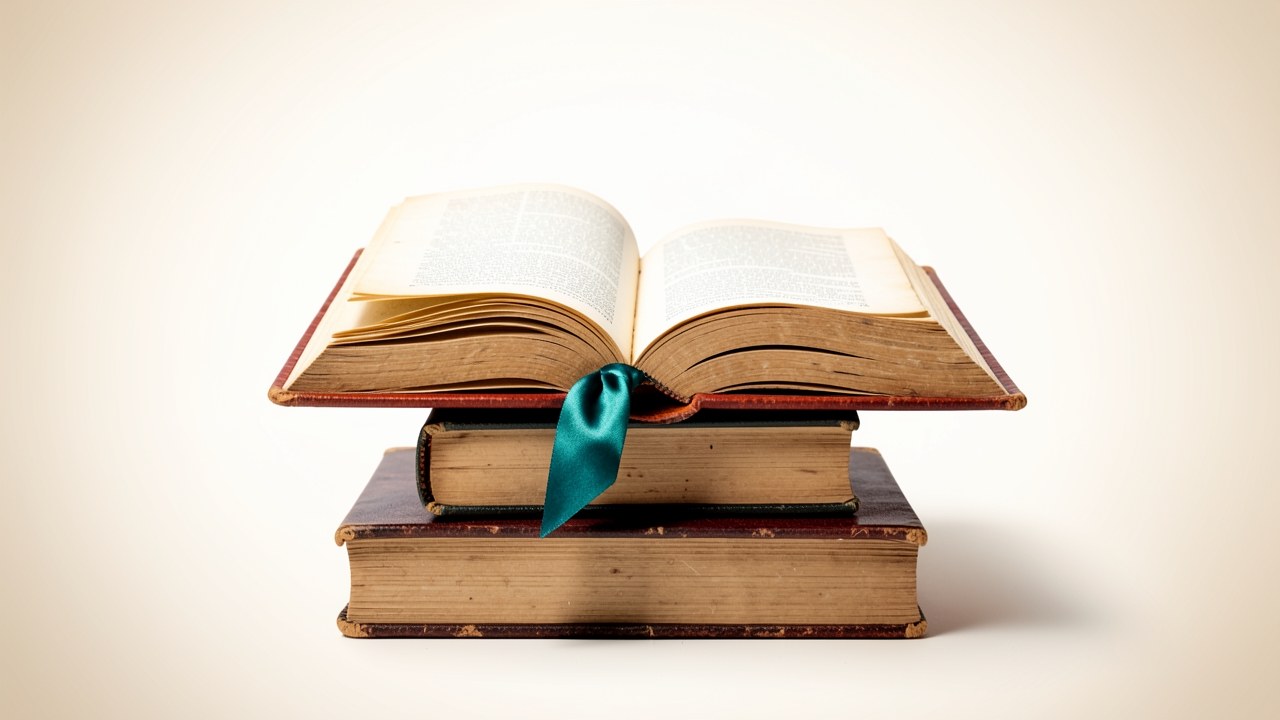 An open book resting on a stack of other books, symbolizing caution and reading the fine print.