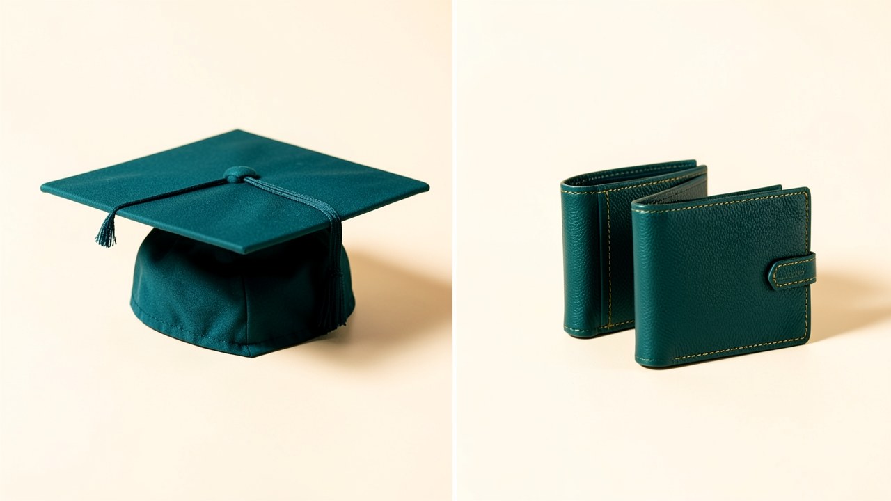 A split composition with a cap on one side and a wallet on the other, representing two types of loans.