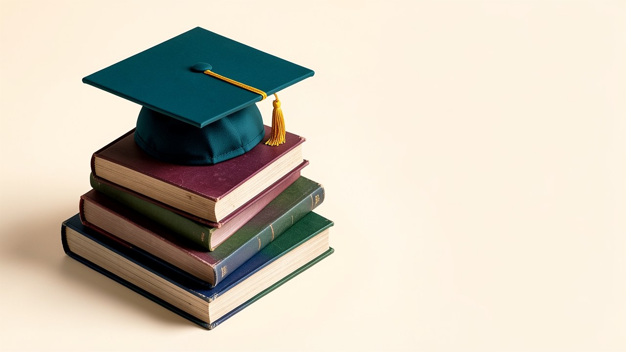 A graduation cap and a stack of books, symbolizing graduate education and potential debt.